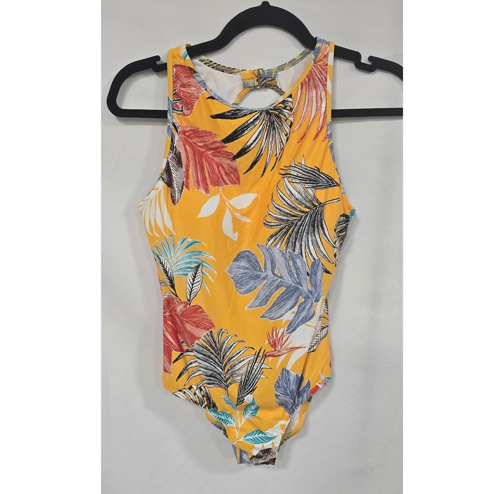 Jastzan women M tropical high neck‎ one piece swimsuit vacation beach yellow